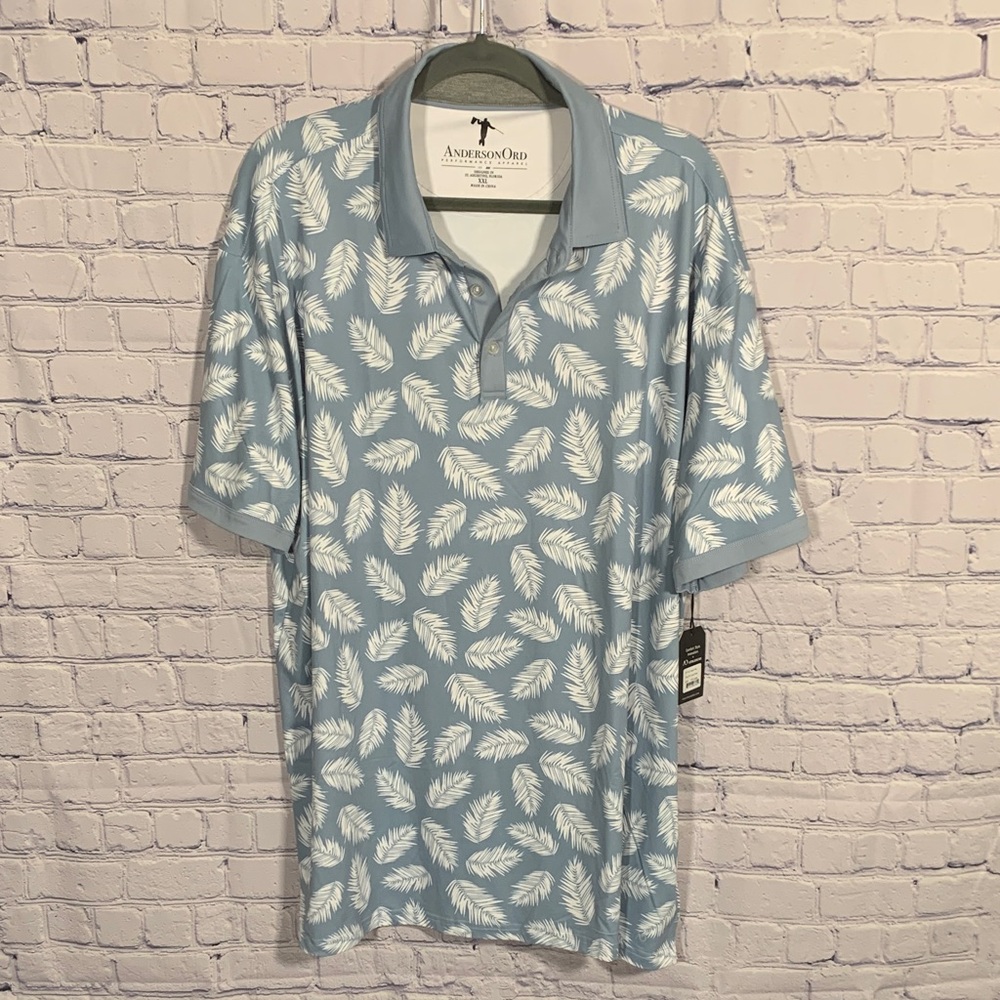 Anderson Ord Mens Canal Polo in Dusty Blue Leaf Print Size XXL NWT Golf Prep